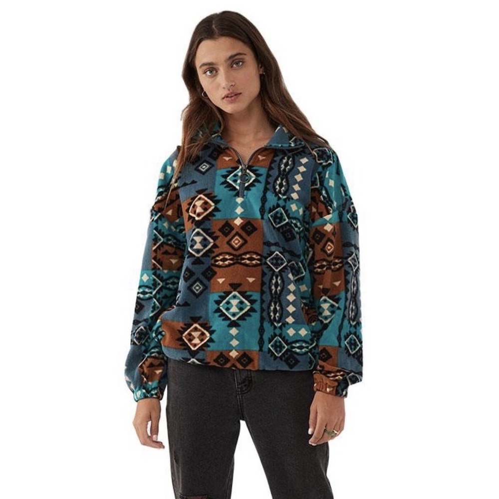 Women's Oneill Super Fleece Quarter Zip Pullover Mock Neck  Aztec  L Gorpcore